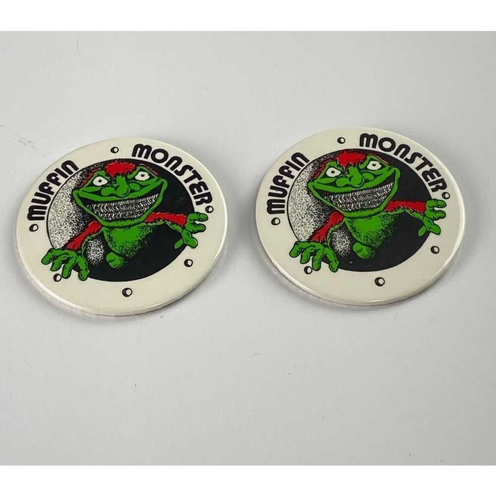 Vintage Muffin Monster Sewage Grinder Pin Pinback Button 3in Set of 2 EE2269